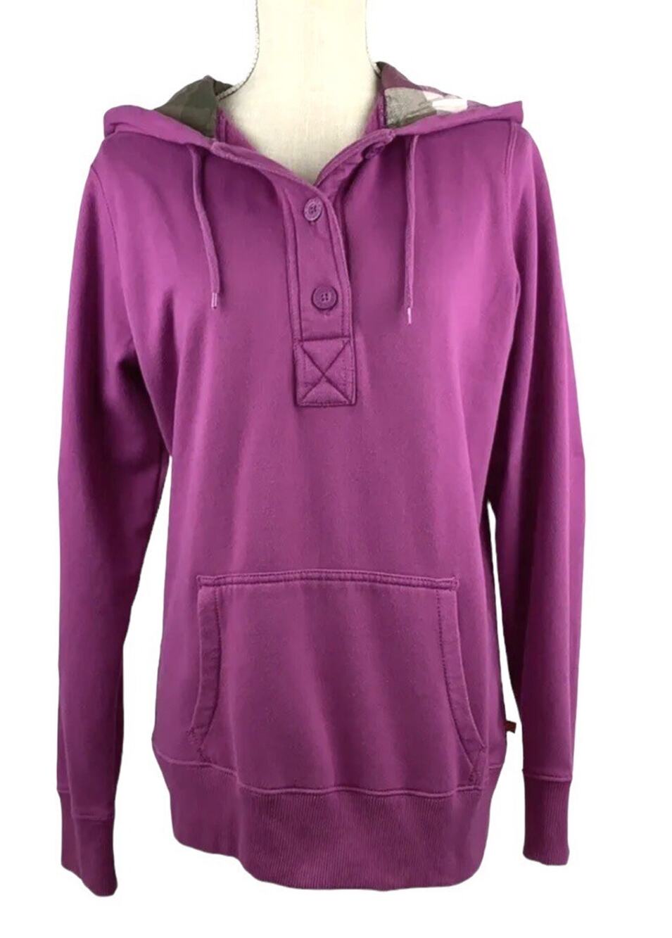 Dickies Hoodie Womens Large Purple Pullover 3 Buuton Neck Plaid Lining